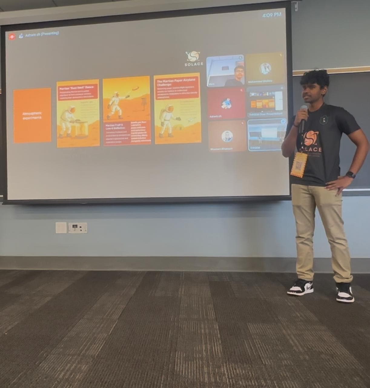 Ashwin presenting Team SOLACE's Mars atmospheric experiments at USC